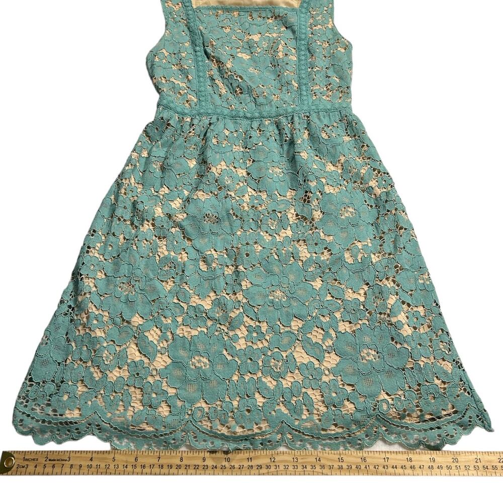 Chelsea & Violet Teal Lace Dress Nude Lined Sleeveless Square Neck Fit Flare XS - Picture 14 of 16